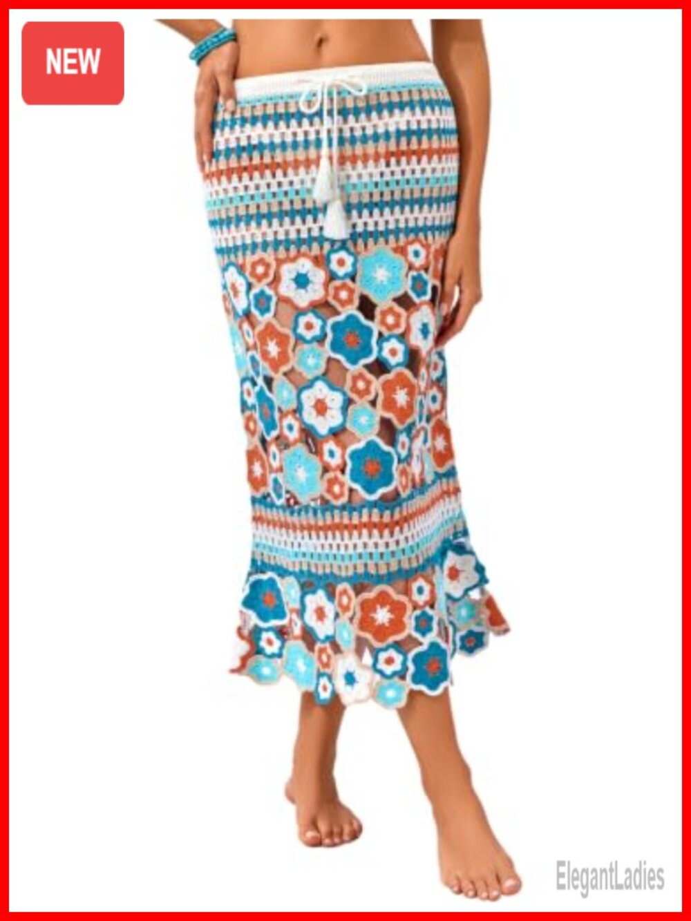 Women's Crochet 3D Floral Maxi Skirt Drawstring Waist Fishtail Beach Cover-Up